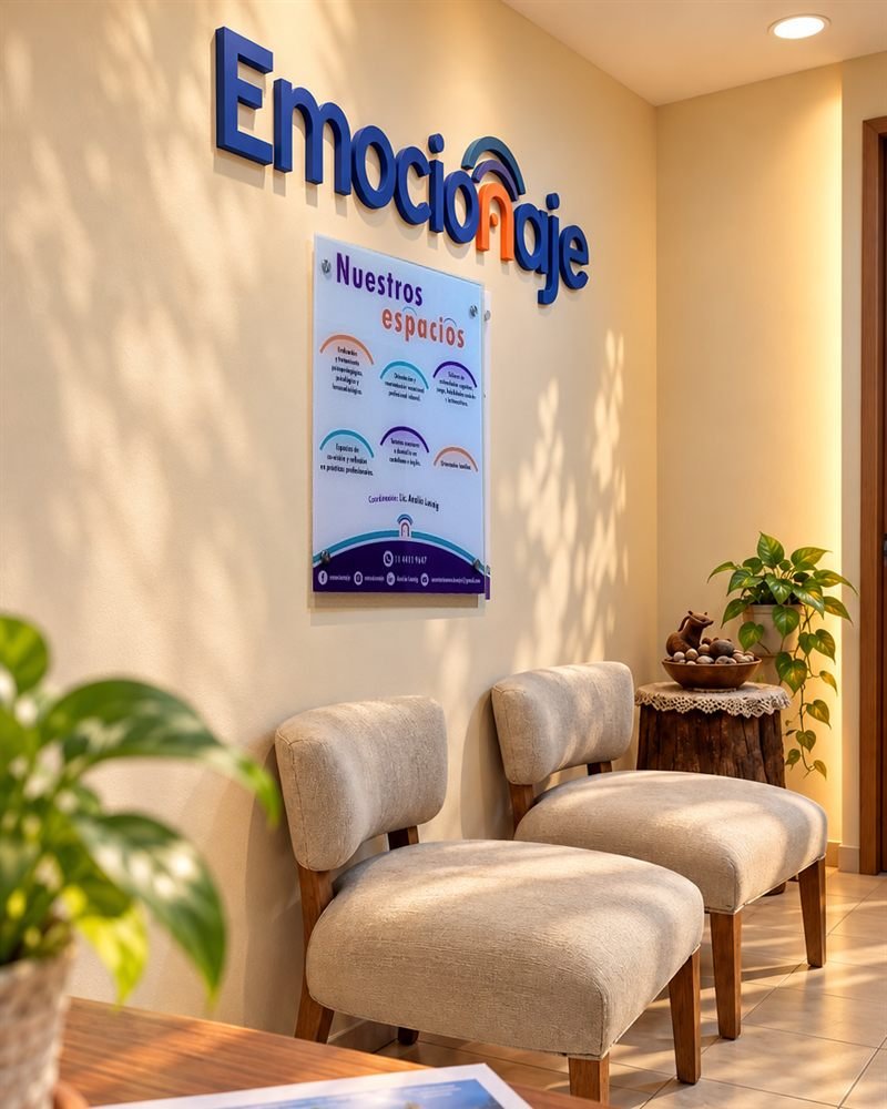 Rincón de la sala de espera con el logo de Emocionaje en la pared, el cartel «Nuestros espacios» y dos sillones