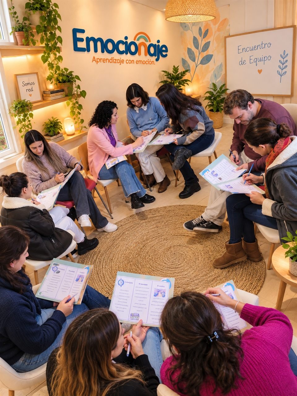 El equipo de Emocionaje sentado en círculo, trabajando juntos en un encuentro de formación